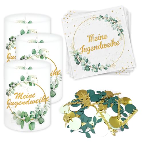 Jugendweihe Deko, 20 Stück Servietten Jugendweihe + 12 Stück Windlicht Tischdeko + 100 Stück Konfetti Tischdeko, Meine Jugendweihe Dekoration Eukalyptus Grün, jugendweihe Party Dekoration von XLZJYIJ