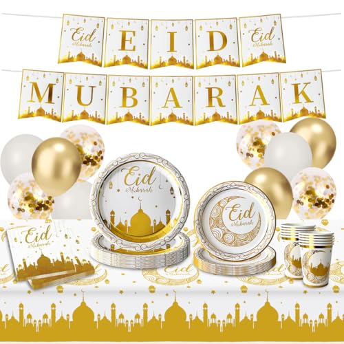 Eid Mubarak Party Dekoration Set, 52 Stück Ramadan Kareem Party Dekoration, Partygeschirr Eid Mubarak mit Eid Tischdecke, Pappteller, Becher, Banner, Luftballons für Ramadan Deko Partygeschirr von XLZJYIJ