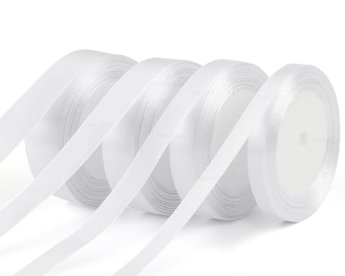 22m x 4 Rollen Satinband Weiss, Geschenkband für Geschenkverpackungen, Weihnachtsband, Handwerk, Blumensträuße, Schleifenherstellung, Geburtstags- und Hochzeitsdekorationen(10mm, 15mm, 20mm, 25mm) von XMASOLD