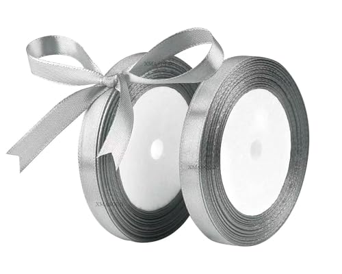 Silber Satinbands 2 Rollen 10mm Breit, Geschenk Band 22m Geschenkband für Geschenkverpackungen, Weihnachtsband, Handwerk, Blumensträuße, Schleifenherstellung, Geburtstags- und Hochzeitsdekorationen von XMASOLD