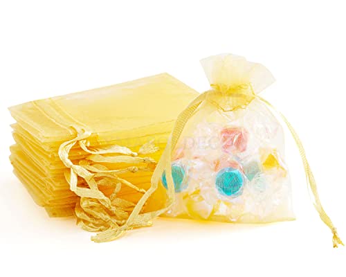 XMASOLDECOR 50 Stück Gold Organzasäckchen 7x9cm, Klein Organzabeutel Geschenkbeutel Schmuckbeutel Bonbonsbeutel Lavendel Säckchen mit Kordelzug für Hochzeit und Geschenke von XMASOLDECOR