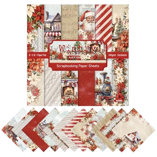 XMBHHRM Papierblock mit rotem Weihnachtsstern, Weihnachtsstern, Weihnachtsmann, Scrapbooking-Zubehör, 15,2 x 15,2 cm, einseitig gemusterte Kartonblöcke für Planer, Tagebücher, Hintergrundgrußkarten von XMBHHRM
