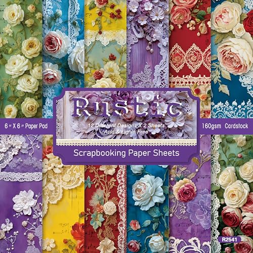 XMBHHRM Spring Lace Floral Pattern Scrapbook Paper Singlesided 15.2 cm x 15.2 cm Clusters of Flowers 24 Sheets/12 Designs Decorative Craft Paper Sheets for DIY Decopodge Journal Scrapbooking Card von XMBHHRM