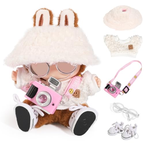 XMBYGY 5Satz Kleidung für LABUBU (für 17/15cm Stehend/Sitzen Puppe)(Keine Puppe)- Zubehör Bekleidung für Puppen Outfit Inklusive Süß Figuren Mantel+Samt Hut+Kamera+Brille+Schuhe von XMBYGY