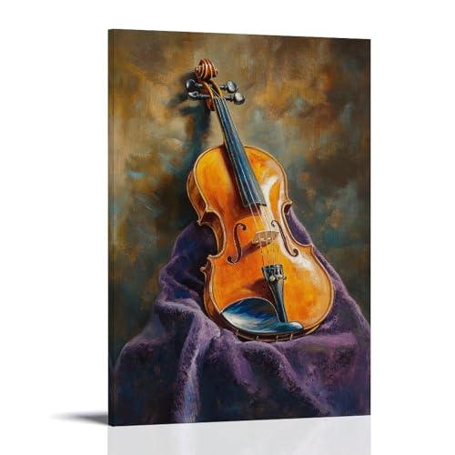 Ölgemälde mit Musikinstrumenten - Eine lebendige Violine ruht auf einem Samtstoff, gebadet in goldenem Licht mit reichen Ölstrukturen, Wandkunst, Wandbild, moderne Dekoration, hängendes Kunstposter von XMHMYHZJ
