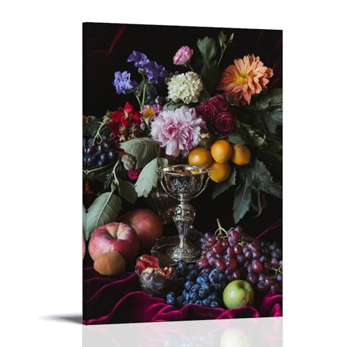 XMHMYHZJ Wandkunst, Motiv: Ein Stillleben mit reifen Früchten, Blumen und einem silbernen Kelch auf einem Samtstoff, Wandkunst, Wandbild, moderne Dekoration, hängendes Kunstposter, 20 x 30 cm von XMHMYHZJ