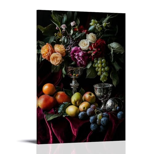 XMHMYHZJ Wandkunst, Motiv: Ein Stillleben mit reifen Früchten, Blumen und einem silbernen Kelch auf einem Samtstoff, Wandkunst, Wandbild, moderne Dekoration, hängendes Kunstposter, 30 x 45 cm von XMHMYHZJ