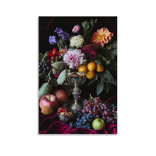 XMHMYHZJ Wandkunst, Motiv: Ein Stillleben mit reifen Früchten, Blumen und einem silbernen Kelch auf einem Samtstoff, Wandkunst, Wandbild, moderne Dekoration, hängendes Kunstposter, 30 x 45 cm von XMHMYHZJ