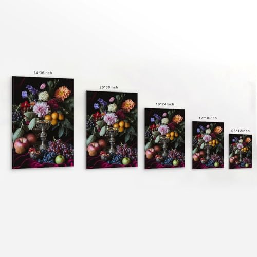 XMHMYHZJ Wandkunst, Motiv: Ein Stillleben mit reifen Früchten, Blumen und einem silbernen Kelch auf einem Samtstoff, Wandkunst, Wandbild, moderne Dekoration, hängendes Kunstposter, 30 x 45 cm von XMHMYHZJ