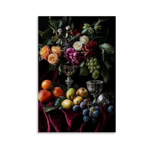 XMHMYHZJ Wandkunst, Motiv: Ein Stillleben mit reifen Früchten, Blumen und einem silbernen Kelch auf einem Samtstoff, Wandkunst, moderne Dekoration, hängendes Kunstposter, 40 x 60 cm von XMHMYHZJ
