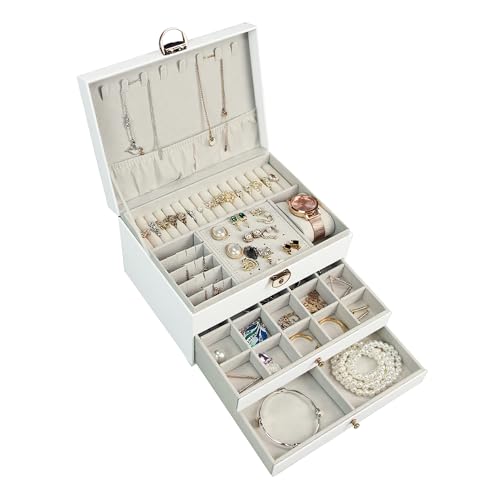 XMHome Schmuckkästchen 3 Ebenen Schmuckschatulle mit Schubladen & diamantförmiger Steppnaht,Schmuckbox mit Samtfutter,elegante Schmuckaufbewahrung Schmuck Organizer Geschenk für Frauen cremefarben von XMHome