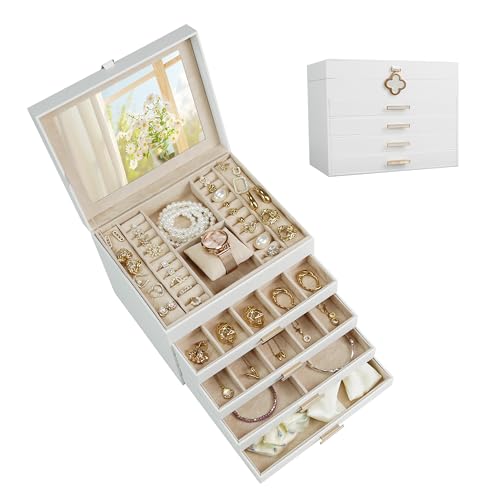 XMHome Schmuckschatulle 5 Ebenen,Schmuckkästchen mit Kleeblatt-Verschluss,großem Spiegel & flexibel einteilbaren Fächern,schmuckaufbewahrung für Halsketten, Ringe& Ohrringe,Geschenk cremefarben XMHome Schmuckschatulle 5 Ebenen,Schmuckkästchen mit Kleeblatt-Verschluss,großem Spiegel & flexibel einteilbaren Fächern,schmuckaufbewahrung für Halsketten, Ringe& Ohrringe,Geschenk cremefarben von XMHome