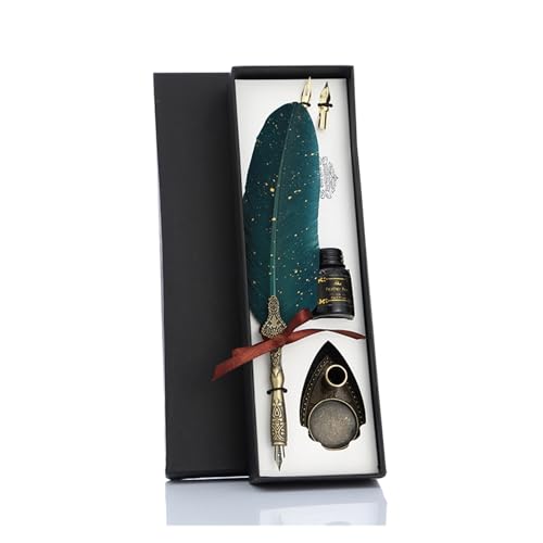 XMKT Vintage Kalligraphie-Feder-Tauchstift, modischer Stiftgriff, 2/5 Spitze, Schreibtinten-Set, Füllfederhalter, Schreibset, Geburtstags- / Weihnachtsgeschenk (2 Federn, Grün, A) von XMKT