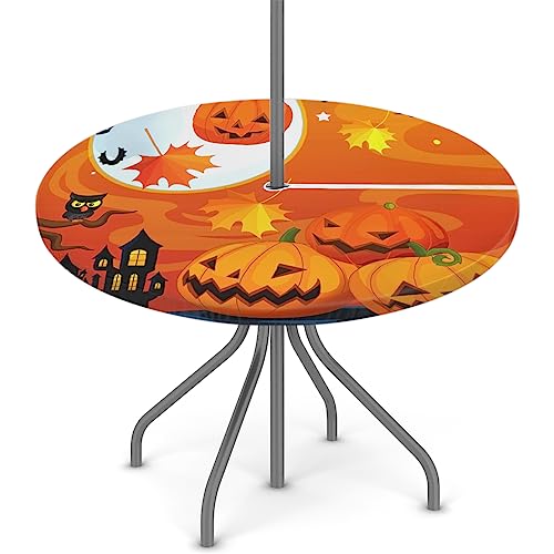 XMNYGJ Halloween-Tischdecke mit Kürbis-Schloss, Herbstlaub, rund, mit Schirmloch, Reißverschluss, für Terrasse, Picknicktisch, elastische Outdoor-Tischabdeckung, wasserdicht und schmutzabweisend von XMNYGJ