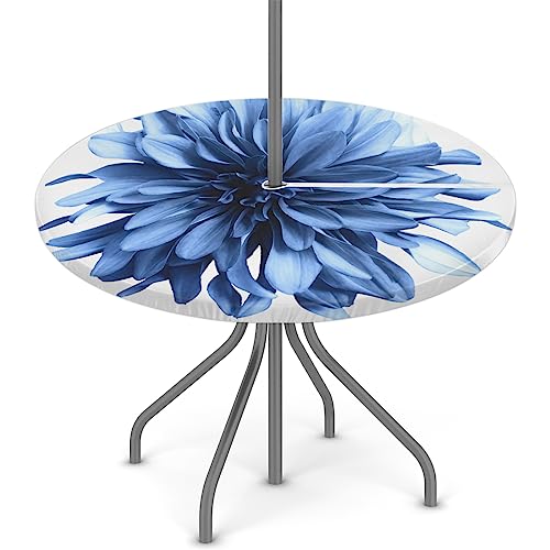 XMNYGJ Runde Tischdecke mit Dahlien, mit Schirmloch, Reißverschluss, für Terrasse, Picknicktisch, elastische Outdoor-Tischdecke, wasserdicht und schmutzabweisend, 114,4 - 142,2 cm, Blau von XMNYGJ