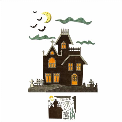 XMZZMX Shadow Halloween Häuser Fledermäuse Metall-Stanzformen für Kartenherstellung, Papierprägung, Stanzformen, Set, Aufbewahrungstaschen, Zubehör, Scrapbooking-Schablonen von XMZZMX