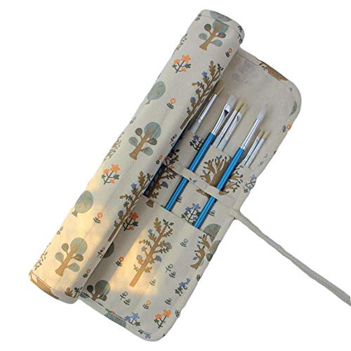 XNFIVE Künstler Pinsel Tasche, 20 Fächern Aufrollen Leinwand Pinseltasche Federmäppchen Etui Aufbewahrungstasche Stifterolle für Zeichenstift Aquarell Ölpinsel Beutel, 15 Zoll, Ohne Pinsel (Bäume) von XNFIVE