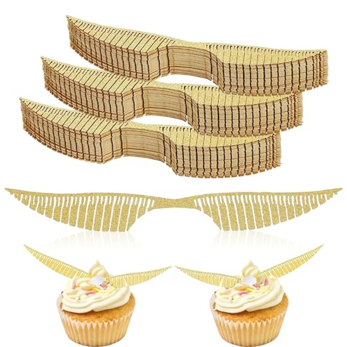 XNIVUIS 100 Stück Gold Glitter Flügel Kuchen Dekoration, Schokolade Flügel Party Dekor Golden Snitch Wings Cupcake Topper mit Klebepunkt für Bonbons Cupcakes Party Mottoparty von XNIVUIS