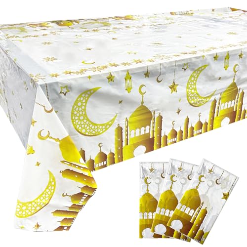 XNIVUIS Ramadan-Tischdecke, 130 x 220 cm, Weißgold, Eid-Dekorationen, Tischdecke, Kunststoff, Mondstern, Ramadan-Dekorationen für Eid-Ramadan-Dekorationen, Islam, muslimische Party, Weiß, 3 Stück XNIVUIS Ramadan-Tischdecke, 130 x 220 cm, Weißgold, Eid-Dekorationen, Tischdecke, Kunststoff, Mondstern, Ramadan-Dekorationen für Eid-Ramadan-Dekorationen, Islam, muslimische Party, Weiß, 3 Stück von XNIVUIS