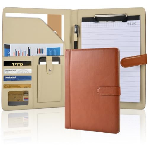 A4 PU Leder Klemmbrett mit A4 Notizblock,Organizer für Handy,Visitenkartenhalter,mit Magnetverschluss,Wasserdicht,Business Mappe für Büro,Braun von XNONE