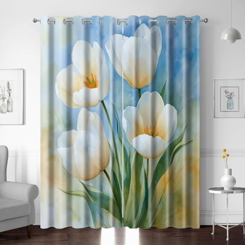 XNWYWE Verdunklungsvorhänge mit Ösen Blumen Tulpen Aquarell Vorhang Blickdicht für Kinderzimmer, 2 Stücke Thermovorhang Kälteschutz Gardinen Wohnzimmer Schlafzimmer Dekoration 214x183cm(HxB) von XNWYWE