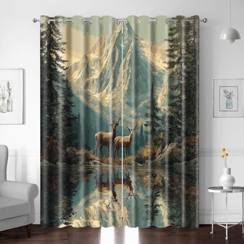 XNWYWE Verdunklungsvorhänge mit Ösen Wald Elch Landschaft Vorhang Blickdicht für Kinderzimmer, 2 Stücke Thermovorhang Kälteschutz Gardinen Wohnzimmer Schlafzimmer Dekoration 183x214cm(BxH) von XNWYWE