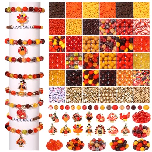 2450 Stück + Herbstperlen für Schmuckherstellung, Acryl-Kristall-Ton, Heishi-Perlen, Thanksgiving-Truthahn-Anhänger für Armbänder, Halsketten, Ohrringe, DIY, Herbstschmuck, Zubehör, Geschenke von XOCARTIGE
