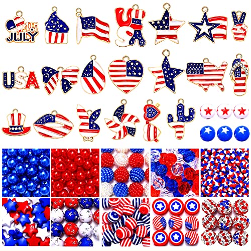 480 Stück + patriotische Perlen für Schmuckherstellung, Emaille, 4. Juli, amerikanische Flagge, Stern, Charms, Unabhängigkeitstag, lose Perlen für DIY-Halsketten, Ohrringe, Armbänder (480 Stück von XOCARTIGE