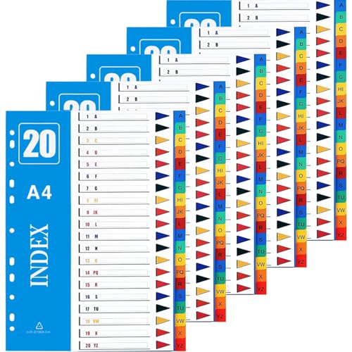 1-20 Teilige Aktenregister A4 【5 Pack】 Trennblätter, mehrfarbig, Indexordner, Fächerblätter für Ringbücher und Aktenordner, mit beschreibbaren farbigen Registerkarten für Schule, Büro, Organisation 1-20 Teilige Aktenregister A4 【5 Pack】 Trennblätter, mehrfarbig, Indexordner, Fächerblätter für Ringbücher und Aktenordner, mit beschreibbaren farbigen Registerkarten für Schule, Büro, Organisation von XOTOZO
