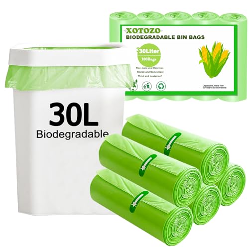 100 Stück Mülltüten 30L, Bio Müllsäcke Müllbeutel Abfallsäcke Biomülltüten Kompostierbare, XOTOZO Recycelt Müllsäcke Bio Beutel Küchen Lebensmittel Abfallbeutel für Küche, Büro, Wohnzimmer (60x65cm) von XOTOZO