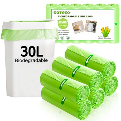 144 Stück Mülltüten 30L, Bio Müllsäcke Müllbeutel Abfallsäcke Biomülltüten Kompostierbare, XOTOZO Recycelt Müllsäcke Bio Beutel Küchen Lebensmittel Abfallbeutel für Küche, Büro, Wohnzimmer (60x65cm) von XOTOZO