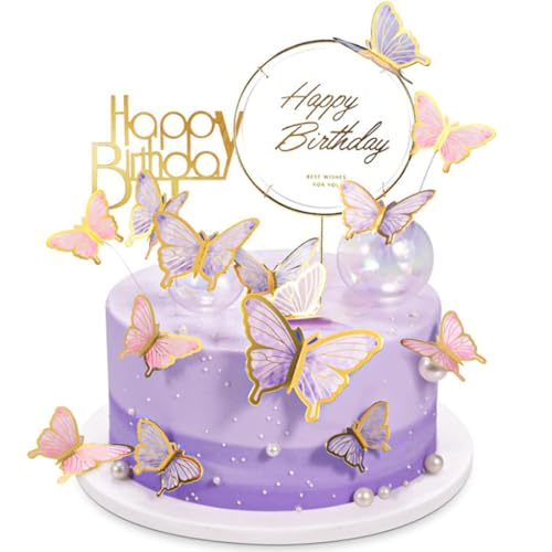 XOUDKE 22 Stück Tortendeko Schmetterlinge, Cake Topper für Geburtstag, Hochzeit, Party, Essen Dekoration - Mädchen Kuchen Deko (Lila) von XOUDKE