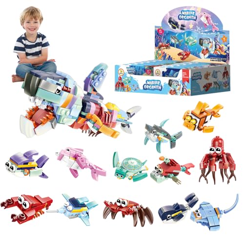 XPJBKC Klemmbausteine Unterwasserwelt Bausteine Spielzeug, 12 Pack Meerestiere mini Bausteine Set, Mitgebsel Kindergeburtstag, Weihnachten Geburtstag Party Geschenke für Kinder ab 3 Jahre von XPJBKC