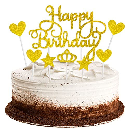 XPOOP 8 Stück Goldenes Happy Birthday Tortendeko Set, Acryl Glitter Cupcake Topper, kuchendeko geburtstag mädchen, Happy Birthday Kuchen Deko für Mädchen, Kinder, Hochzeit, Mutter(Gold) von XPOOP