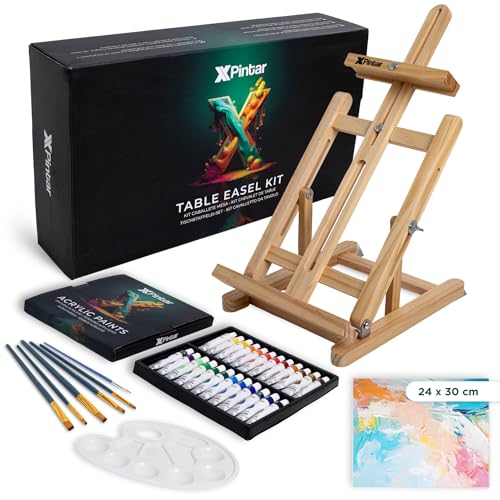 XPINTAR Acrylfarben-Set, 33-teilig, mit Staffelei aus Holz, 24 Tuben mit Acrylfarben, lebendige Farben, 12 ml, mit Leinwand zum Bemalen von 24 x 30 cm, plus 6 Pinsel und Palette von XPintar