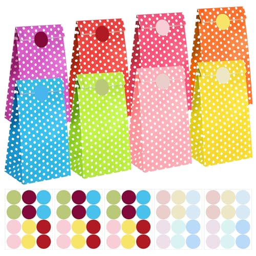50 Stück Geschenktüten Kindergeburtstag Klein, Papiertüten Klein mit Aufkleber Kraftpapier Tüten Süßigkeitentüten Mitgebseltüten für Geburtstag Party Hochzeit (9x18x5.5cm, Punkt) von XREE