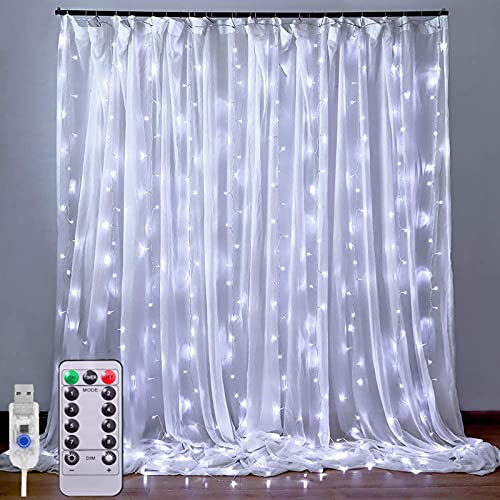 LED Lichtervorhang - 3x3m 300 LEDs Lichterkette mit 8 Modi, USB Lichterkettenvorhang mit Fernbedienung,IP65 Wasserdicht Deko für Party Weihnachten Valentinstag Außen Innen Schlafzimmer (Kaltes Weiß) von XRR