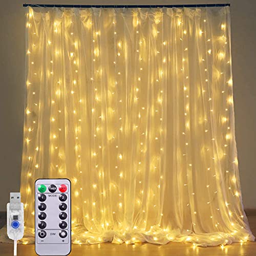 LED Lichtervorhang - 3x3m 300 LEDs Vorhanglichter mit 8 Modi-USB Lichterkettenvorhang mit Fernbedienung - LED Lichterketten für Party Weihnachten Außen Innen Schlafzimmer Deko(Warmweiß) von XRR
