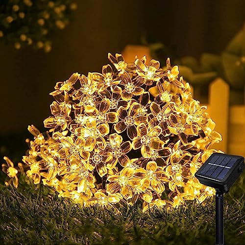 Solar Lichterkette Außen, XRR 7 M 50LED Solar Kirschblüte Außen Garten 8 Modi Blumen Solar LED Lichterkette Wasserdichte Solarlichterkette für Garten, Balkon, Hochzeit, Zaun, Dekorationen(Warmes Weiß) von XRR