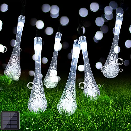 XRR Solar Lichterketten Außen 7.5M 50LED Solar Wassertropfen Lichterkette 8 Modi IP65 Wasserdicht Dekorative Garten Lichterkette für Weihnachten, Hochzeiten, Party, Balkon,Terrasse (Kaltes Weiß) von XRR