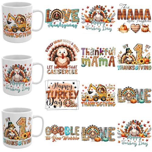 XRTHGS UV-DTF-Becher-Transferpapier, 12 Blatt, UV-DTF-Aufkleber können auf Tassen, Tischen, Thermoskannen, Handyhüllen und mehr verwendet werden (Happy Thanksgiving) von XRTHGS