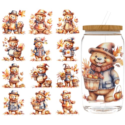 XRTHGS UV-DTF-Becherfolie für 473 ml, 12 Stück, UV-DTF-Transferpapier, Bastelarbeiten, kann für Tassen, Brillen, Laptops, Thermosbecher usw. verwendet werden. (Thanksgiving Teddybär) von XRTHGS