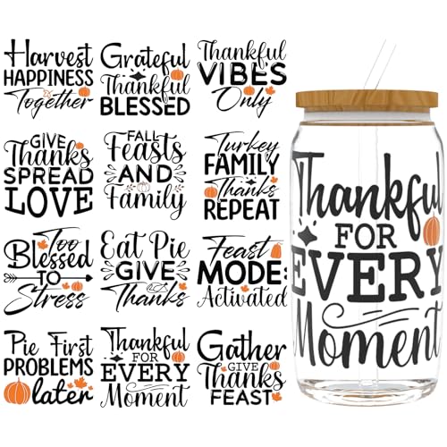 XRTHGS UV-DTF-Becherfolie für 473 ml, 12 Stück, UV-DTF-Transferpapier, Bastelarbeiten, kann für Tassen, Gläser, Laptops, Thermosbecher usw. verwendet werden (Thanksgiving Blessings) von XRTHGS