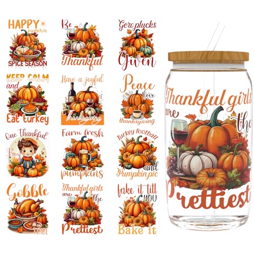 XRTHGS UV-DTF-Becherfolie für 473 ml, 12 Stück, UV-DTF-Transferpapier, Bastelarbeiten, kann für Tassen, Gläser, Laptops, Thermosbecher usw. verwendet werden (Thanksgiving Kürbis) von XRTHGS