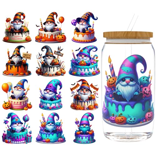 XRTHGS UV-DTF-Becherfolie für 473 ml, 12 Stück, UV-DTF-Transferpapier, DIY, Handwerk, kann für Tassen, Gläser, Laptops, Thermosbecher usw. verwendet werden (Halloween-Zwergenkuchen) von XRTHGS