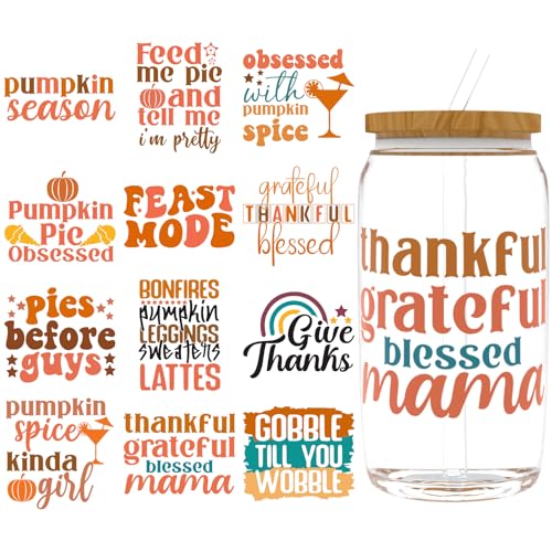 XRTHGS UV-DTF-Becherfolie für 473 ml, 12 Stück, UV-DTF-Transferpapier, DIY, Handwerk, kann für Tassen, Gläser, Laptops, Thermosbecher usw. verwendet werden (Happy Thanksgiving) von XRTHGS