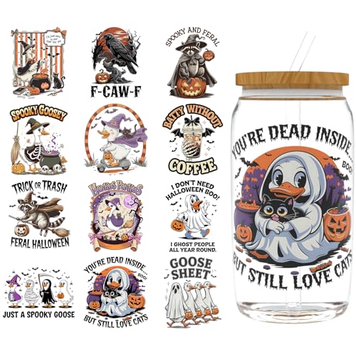 XRTHGS UV-DTF-Becherfolie für 473 ml, 12 Stück, UV-DTF-Transferpapier, DIY, Handwerk, kann für Tassen, Gläser, Laptops, Thermosbecher usw. verwendet werden (lustiges Halloween) von XRTHGS