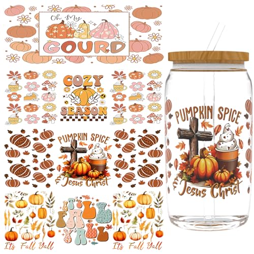 XRTHGS UV-DTF-Becherfolie für 473 ml, 4 Stück, UV-DTF-Transferpapier, Bastelarbeiten, kann für Tassen, Gläser, Laptops, Thermosbecher usw. verwendet werden (Happy Thanksgiving) von XRTHGS