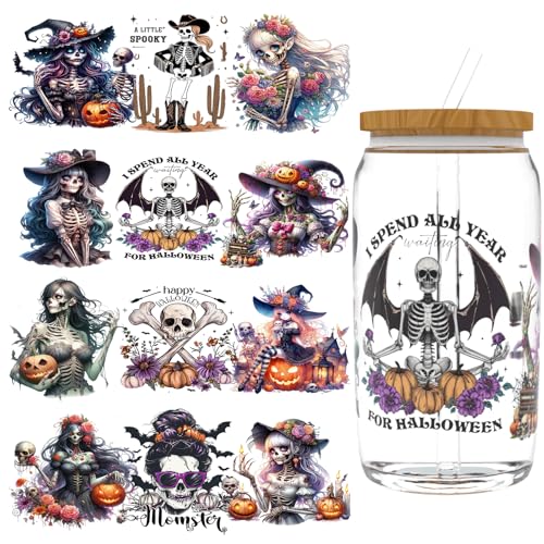 XRTHGS UV-DTF-Becherfolie für 473 ml, 4 Stück, UV-DTF-Transferpapier, DIY, Handwerk, kann für Tassen, Gläser, Laptops, Thermosbecher usw. verwendet werden (Skelett Halloween) von XRTHGS