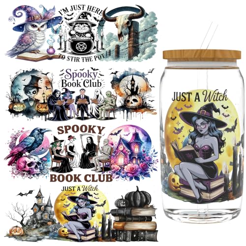 XRTHGS UV-DTF-Becherfolie für 473 ml, 4 Stück, UV-DTF-Transferpapier, DIY Handwerk, kann für Tassen, Gläser, Laptops, Thermosbecher usw. verwendet werden (Halloween-Hexe) von XRTHGS